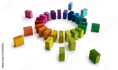 Gathering  centralization  of data and people  concept image. Circle of colorful wooden blocks representing unity of diverse elements. Isolated on pure white.