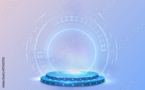 Portal and hologram futuristic Neon color circle elements. Standard podium or studio futuristic pedestal round platform showroom. Circle stage and blue neon light. Science fiction 3D illustration.