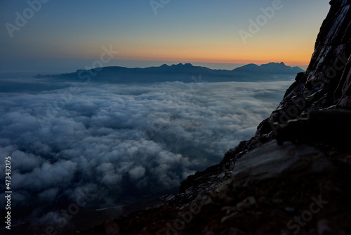 Sunrise landcape view with fog from Eiger North Face, Jungfrau, Swiss photo