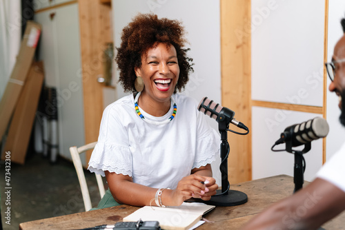 Woman recording a podcast photo