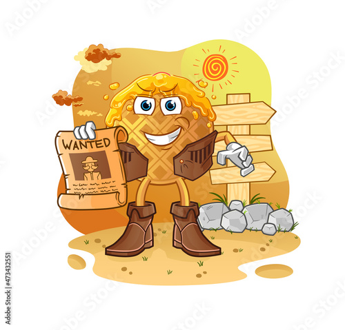 waffle cowboy with wanted paper. cartoon mascot vector