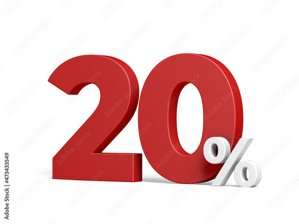 Twenty percent isolated on white background. Discount. 20% off. 3d illustration. Twenty percent isolated on white background. Discount. 20% off. 3d illustration.
