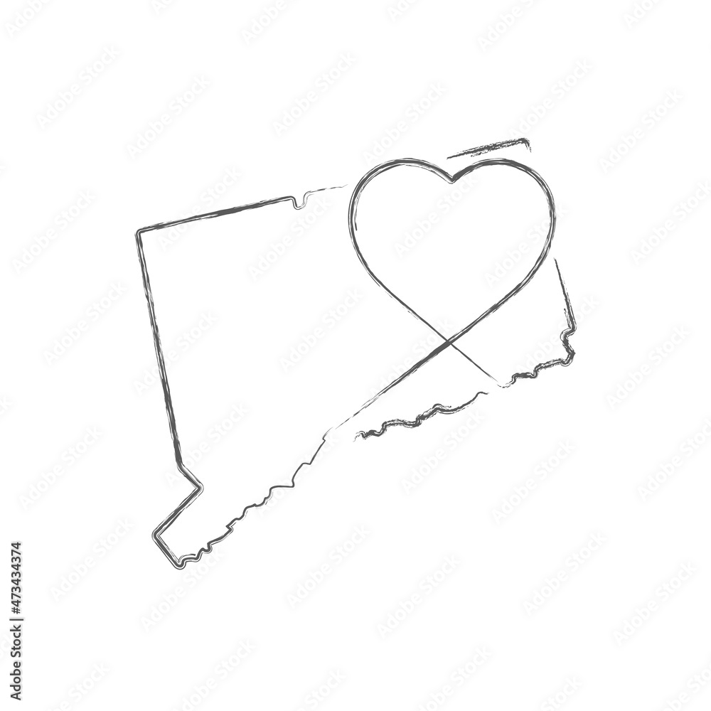 Connecticut US state hand drawn pencil sketch outline map with heart shape. Continuous line drawing of patriotic home sign. A love for a small homeland. T-shirt print idea. Vector illustration. Connecticut US state hand drawn pencil sketch outline map with heart shape. Continuous line drawing of patriotic home sign. A love for a small homeland. T-shirt print idea. Vector illustration.