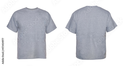 Blank T Shirt color gray on invisible mannequin template front and back view on white background
