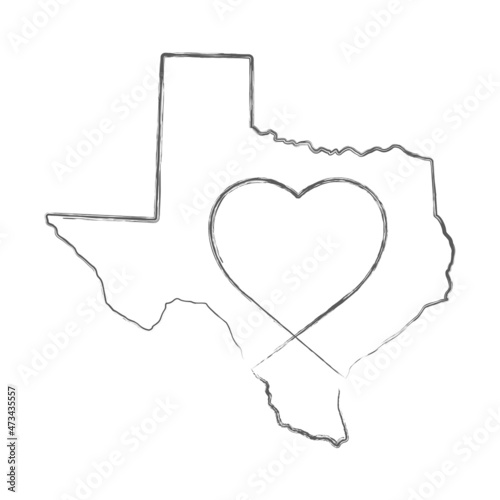 Texas US state hand drawn pencil sketch outline map with heart shape. Continuous line drawing of patriotic home sign. A love for a small homeland. T-shirt print idea. Vector illustration.