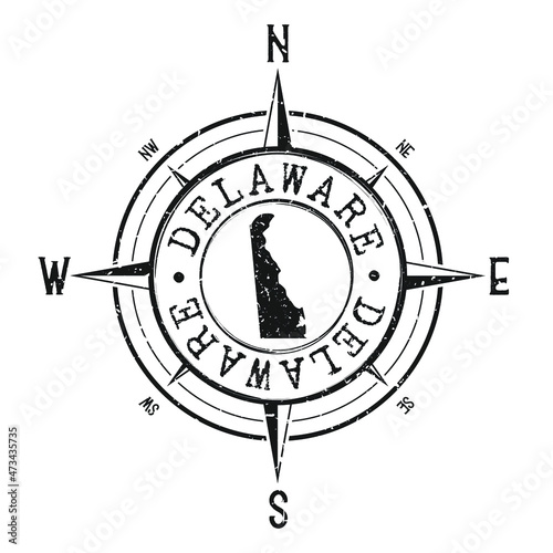 Delaware, USA Stamp Map Compass Adventure. Illustration Travel Country Symbol. Seal Expedition Wind Rose Icon.