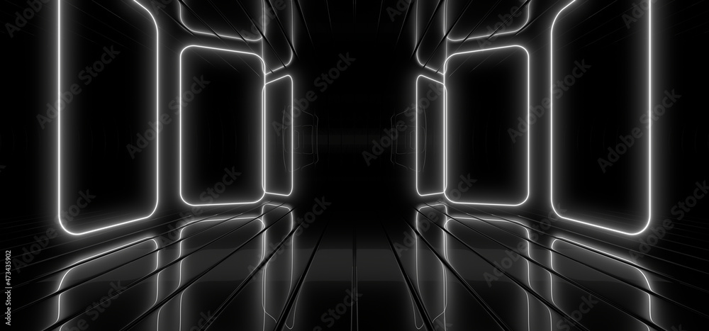 A dark tunnel lit by white neon lights. Reflections on the floor and walls. 3d rendering image.