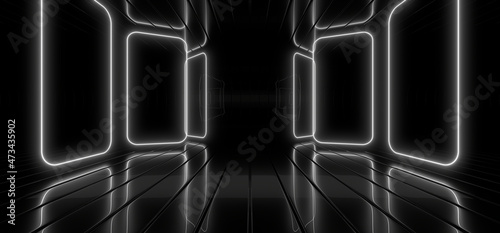 Obraz na płótnie A dark tunnel lit by white neon lights. Reflections on the floor and walls. 3d rendering image. w salonie
