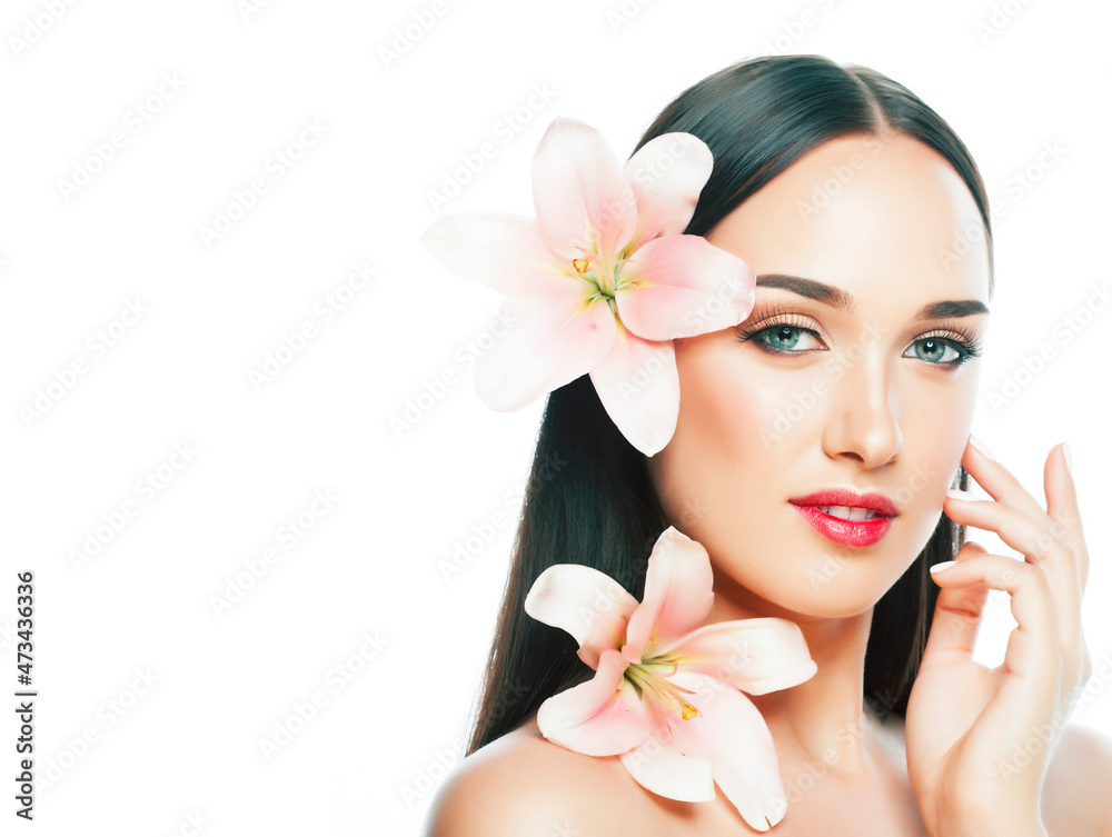 young attractive lady close up with hands on face isolated flower lily brunette spa nude makeup, beauty concept young attractive lady close up with hands on face isolated flower lily brunette spa nude makeup, beauty concept