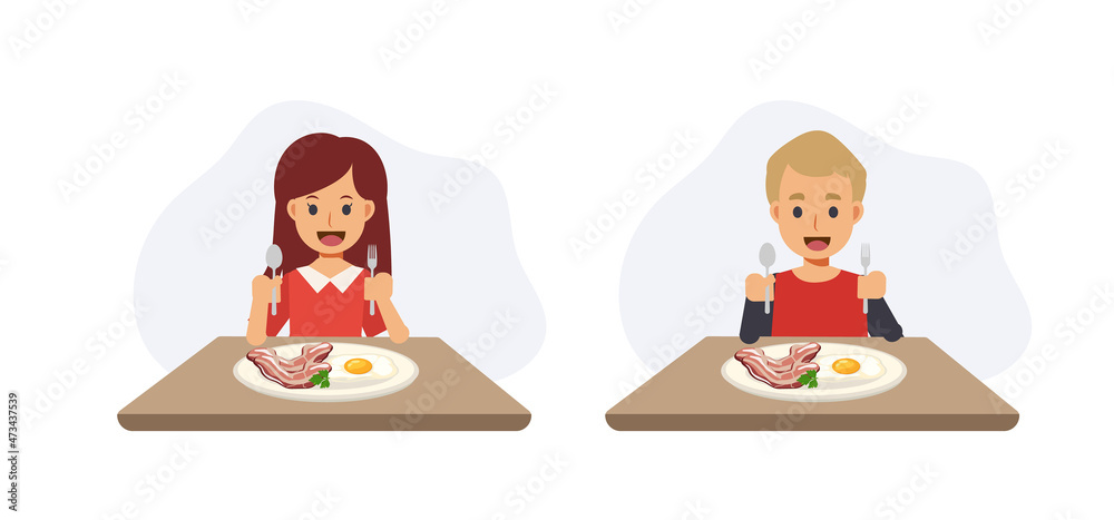 Breakfast concept. Food, meal,yummy, kid is going to eat Breakfast. Happy enjoy.Flat vector 2D cartoon character illustration. Breakfast concept. Food, meal,yummy, kid is going to eat Breakfast. Happy enjoy.Flat vector 2D cartoon character illustration.