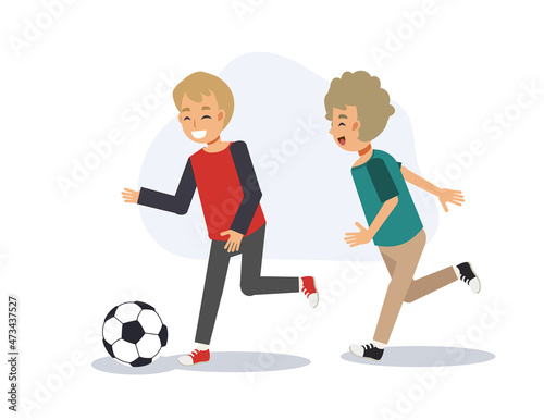 Education sport concept, young kid are playing football,soccer togeteher. Flat vector 2d cartoon character illustration.