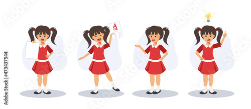 Studying, Education concept.At school,Young little cute girl in various pose, happy to got a good score. Flat vector 2D cartoon character illustration.