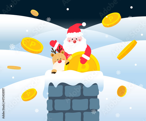 Santa Claus and deer are holding coins in the chimney illustration set. Snow, snowflake, hill, night, winter. Vector drawing. Hand drawn style.