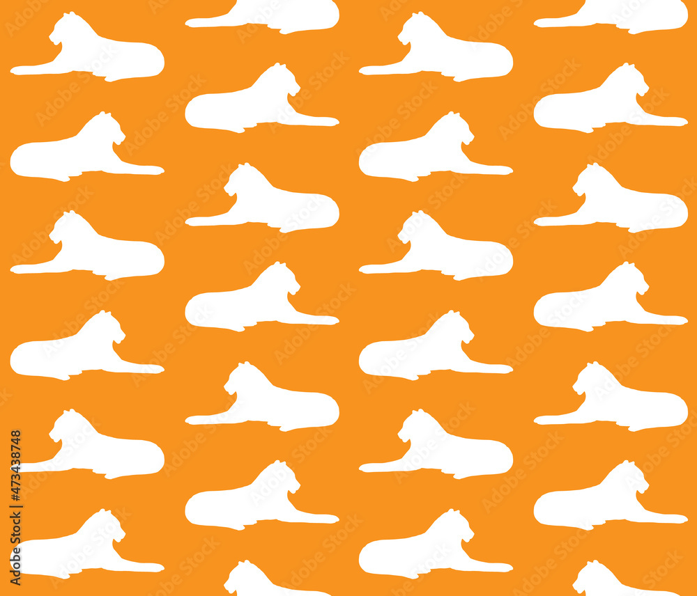 Vector seamless pattern of hand drawn lying tiger silhouette isolated on orange background