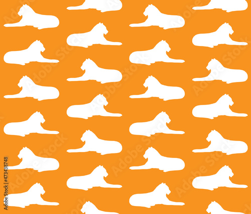 Vector seamless pattern of hand drawn lying tiger silhouette isolated on orange background