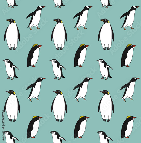 Vector seamless pattern of hand drawn doodle sketch penguin isolated on mint background