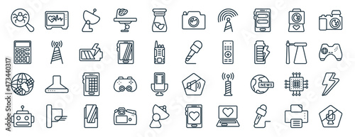 set of 40 flat technology web icons in line style such as electrocardiogram line, calculation, news via satellite, science fiction, lamp post, digital photo camera, camera front view icons for