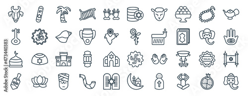 set of 40 flat religion web icons in line style such as mezuzah  sitar  mosque domes  dreidel  elephant  genie lamp  jewish coins icons for report  presentation  diagram  web design