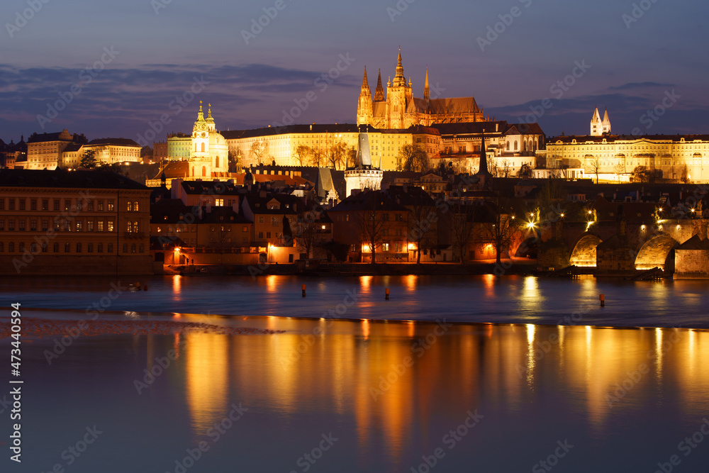 night view of prague castle and st. vitus and cathedral bridge on ece vltava at night in the center of prague