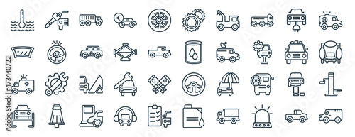 set of 40 flat mechanicons web icons in line style such as car key, glass wiper, big ambulance facing left, car repairing, police car with light, red cross two cogwheels icons for report,