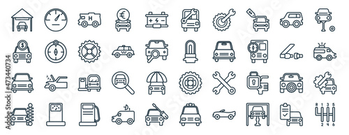 set of 40 flat mechanicons web icons in line style such as car speedometer, car for sale, rectangular car front, front view beside a traffic meter, seat belt, tire change, repairing bus icons for