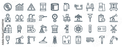 set of 40 flat industry web icons in line style such as stats, industrial engineer, oil industry, hook crane, task, hine press, oxygen icons for report, presentation, diagram, web design