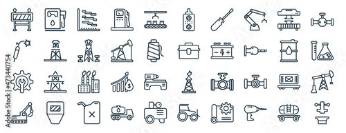 set of 40 flat industry web icons in line style such as fuel station, welding, maintenance, excavator, oil barrel, oil valve, controller icons for report, presentation, diagram, web design
