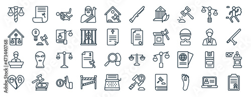 set of 40 flat law and justice web icons in line style such as legal paper, real estate law, counsel, divorce, advocate, crime scene, shotgun icons for report, presentation, diagram, web design