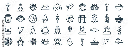 set of 40 flat india and holi web icons in line style such as brahman, ricksaw, ugadi, anise, india mother, curry, lakshmi icons for report, presentation, diagram, web design photo