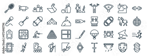 set of 40 flat hobbies web icons in line style such as airship, karaoke, bags, table football, riding, dumbell, gardening icons for report, presentation, diagram, web design