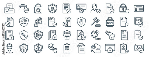 set of 40 flat gdpr web icons in line style such as portfolio, rectification, right to access, address, account, id card, delete icons for report, presentation, diagram, web design