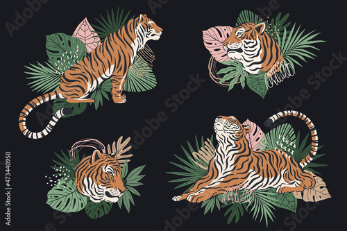 Set of silhouette tiger illustrations with palm leaves. Collection of symbols 2022. Chinese zodiac symbols of modern style and trendy colors. Vector tigers for greeting cards and happy new year