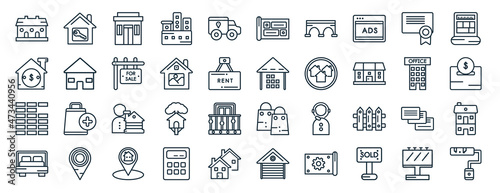 set of 40 flat real estate web icons in line style such as tenant, property, wall, bedroom, office building, plans, blueprint icons for report, presentation, diagram, web design