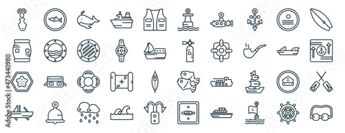 set of 40 flat nautical web icons in line style such as shark, big barrel, big starfish, roofless speed boat, speed boat, suroard, buoy icons for report, presentation, diagram, web design