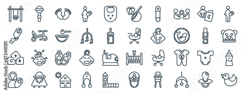set of 40 flat kid and baby web icons in line style such as bell rattle, newborn, blocks, breast, pregnancy test, fatherhood, butterfly net icons for report, presentation, diagram, web design
