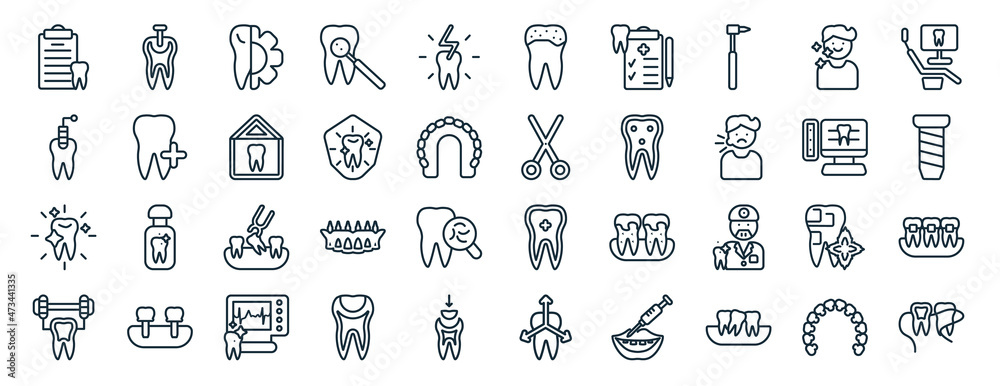 set of 40 flat dentist web icons in line style such as tooth with metallic root, tampon, white teeth, healthy tooth, radiograph, dental monitor, holed tooth icons for report, presentation, diagram,