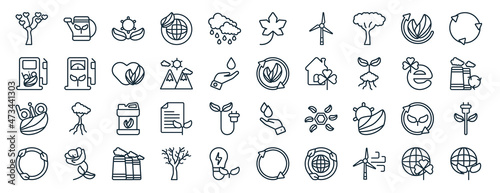 set of 40 flat ecology web icons in line style such as watering can, bio fuel, bio energy, recycling, eco e, recycling, m leaf icons for report, presentation, diagram, web design