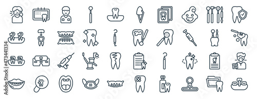 set of 40 flat dentist web icons in line style such as dental appointment, decay, dental plaque, mouth, dental hook, prophylaxis, veneer icons for report, presentation, diagram, web design