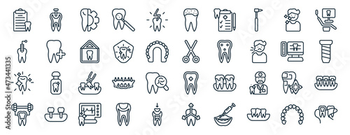 set of 40 flat dentist web icons in line style such as tooth with metallic root, tampon, white teeth, healthy tooth, radiograph, dental monitor, holed tooth icons for report, presentation, diagram,