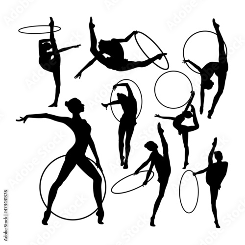Silhouettes of gymnastics rhythmic performs with hoop. Good use for symbol, logo, mascot, icon, sign, or any design you want.