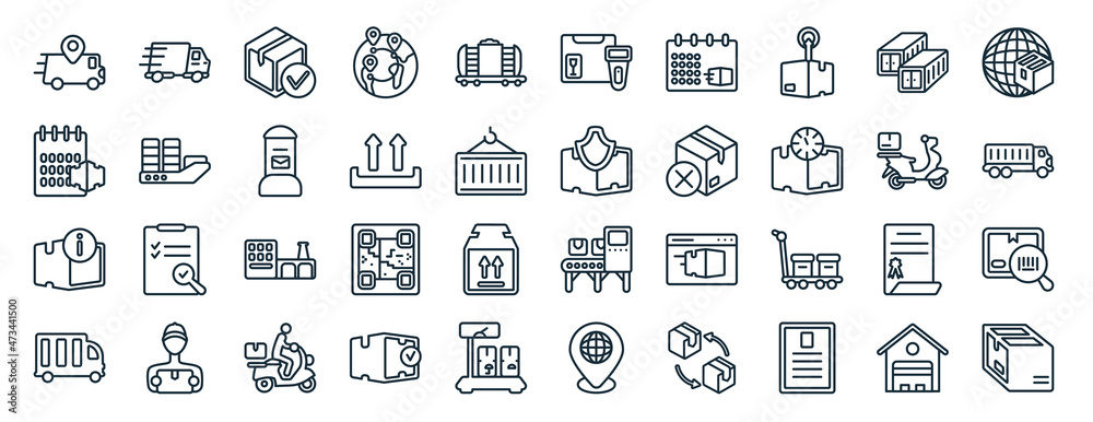 set of 40 flat delivery and logistics web icons in line style such as express delivery, delivery date, info, scooter planet earth, scanner icons for report, presentation, diagram, web design