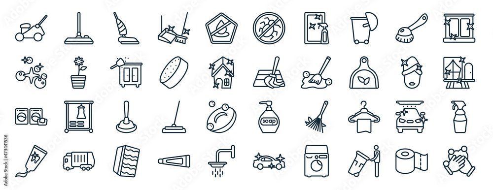 set of 40 flat cleaning web icons in line style such as wiping vacuum tool, clean, laundry, toothpaste cleanin, wiping woman head, clean window, virus cleanin icons for report, presentation,