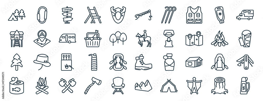 set of 40 flat camping web icons in line style such as carabiner, lodge ...