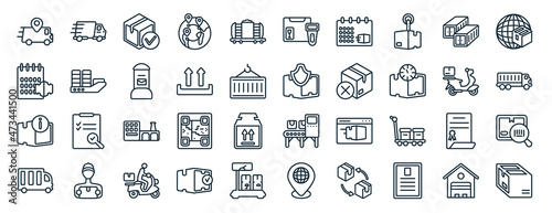 set of 40 flat delivery and logistics web icons in line style such as express delivery, delivery date, info, scooter planet earth, scanner icons for report, presentation, diagram, web design