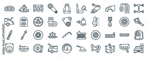 set of 40 flat car parts web icons in line style such as car carburettor, car taiate, suspension, ammeter, spare wheel, axle, air bag icons for report, presentation, diagram, web design