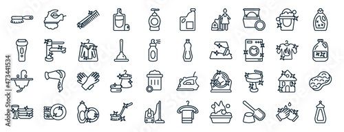 set of 40 flat cleaning web icons in line style such as wiping iron, shaver cleanin, sink, clean dishes, dress cleanin, softener, detergent icons for report, presentation, diagram, web design
