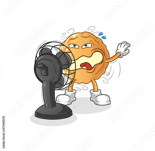 meatball in front of the fan character. cartoon mascot vector