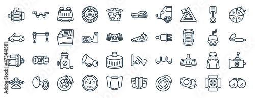 set of 40 flat car parts web icons in line style such as car crank, car soft top, starter, jack, silencer, brake pad, reversing light icons for report, presentation, diagram, web design