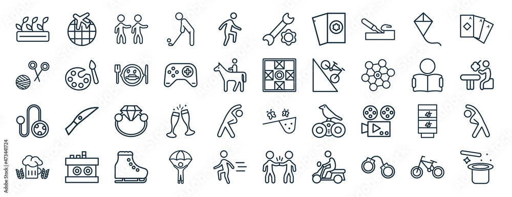 set of 40 flat outdoor activities web icons in line style such as travelling, yarn ball, yoyo, brewing, boy reading, baccarat, repairing icons for report, presentation, diagram, web design