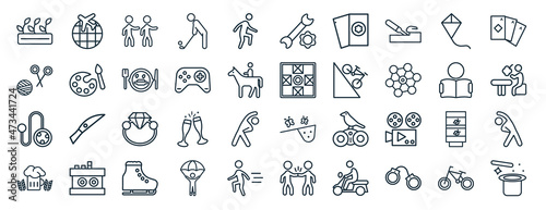 set of 40 flat outdoor activities web icons in line style such as travelling  yarn ball  yoyo  brewing  boy reading  baccarat  repairing icons for report  presentation  diagram  web design